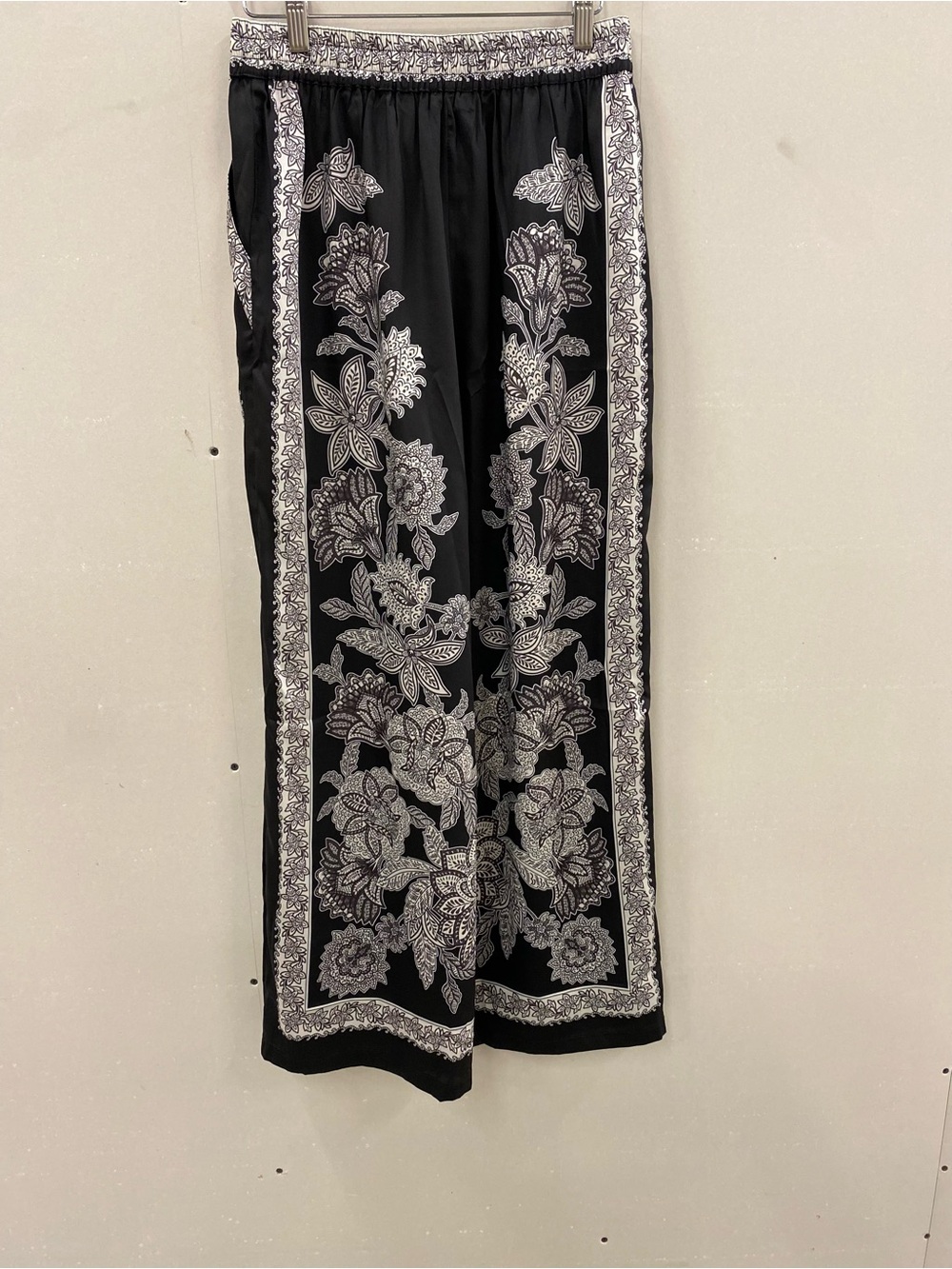 Current Air Black Wide-Leg Pants with White Floral Border Print